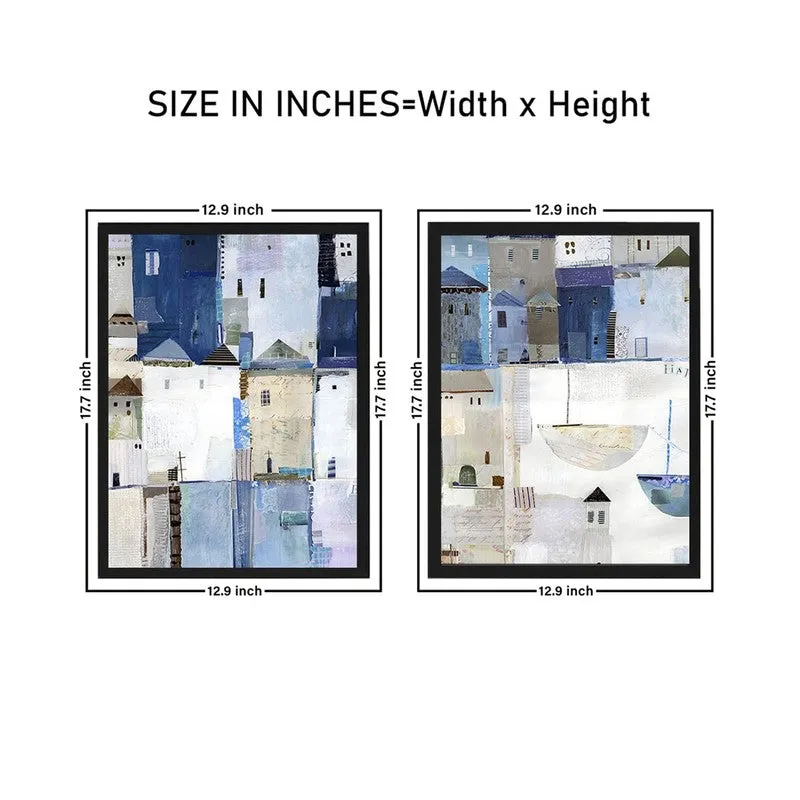 Blue Facades Paper Wall Painting With MDF Frame - Set Of Two media 8