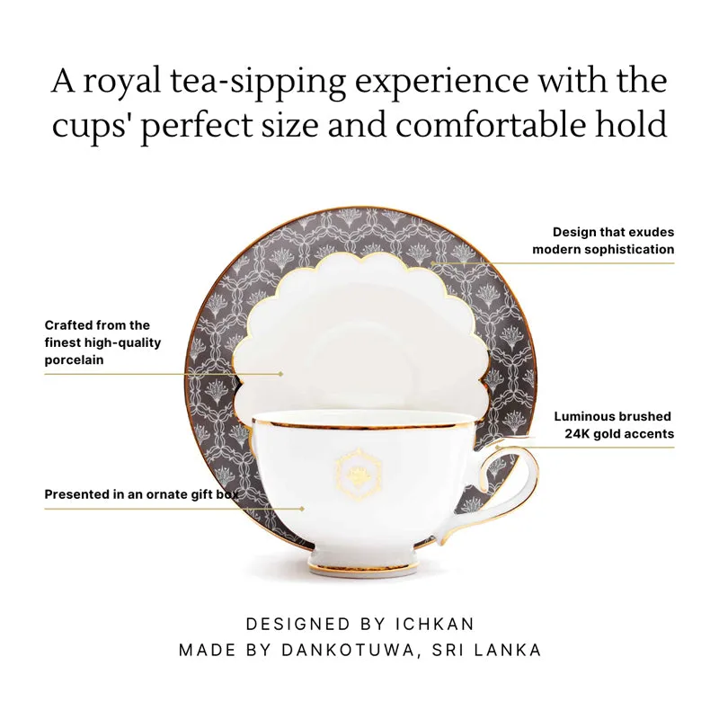 Gilded Legacy 24k Gold Brushed Porcelain Tea Cup & Saucer (Grey/ 300 mL) - Set of Six media 8