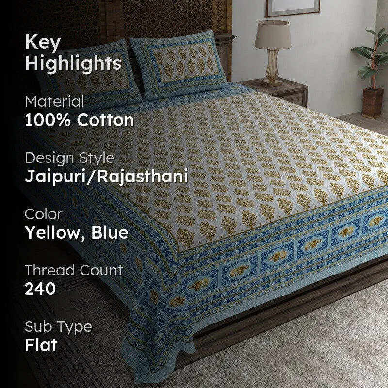 Gardenet Cotton Bedsheet (Yellow,Blue) - 240 TC media 2