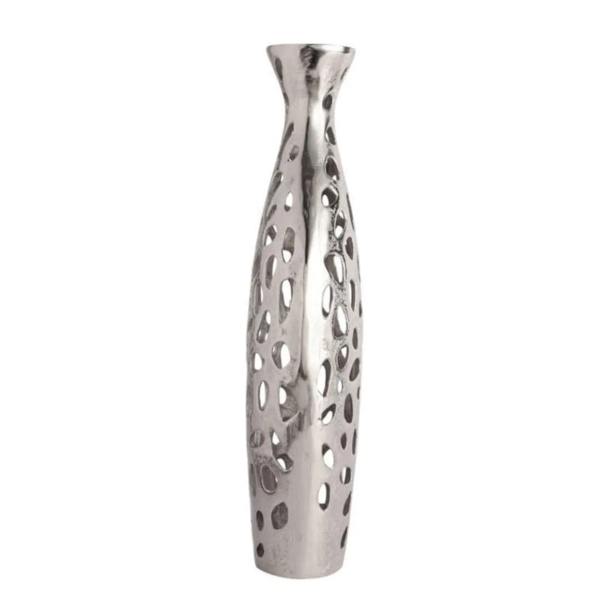 Side view of a tall silver vase with pierced cutout pattern