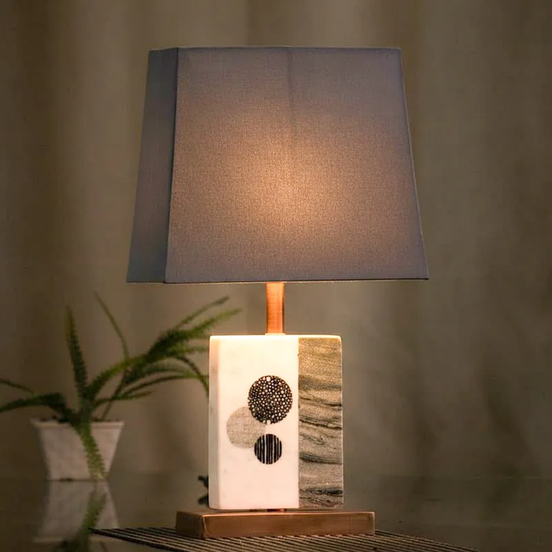 Blaze Printed Fabric Table Lamp With Marble & Copper Base - Grey,White media 1