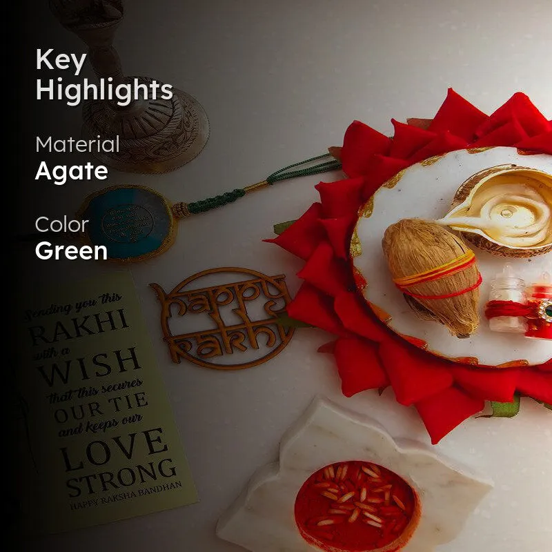 Gayathri Mantra Green Agate Rakhi Gift Set media 2
