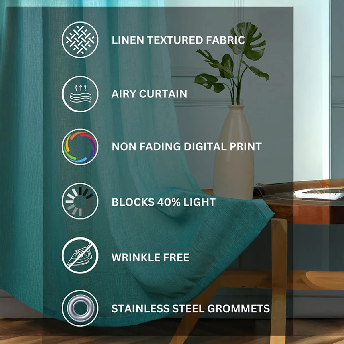 Turquoise sheer curtain displayed in a room with feature callouts
