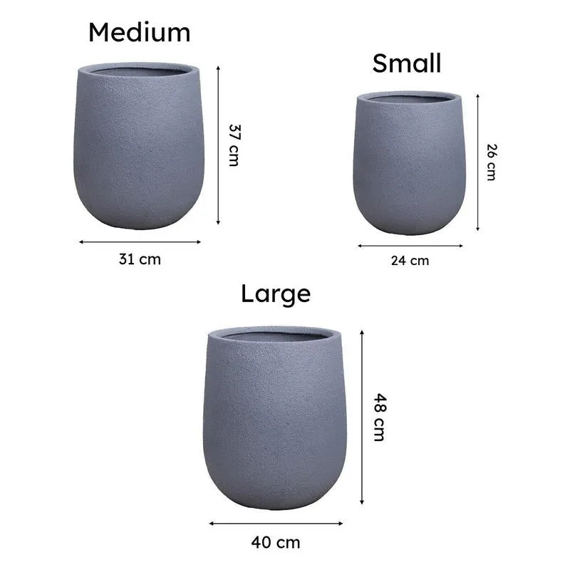 Size comparison of the Small, Medium and Large grey planters