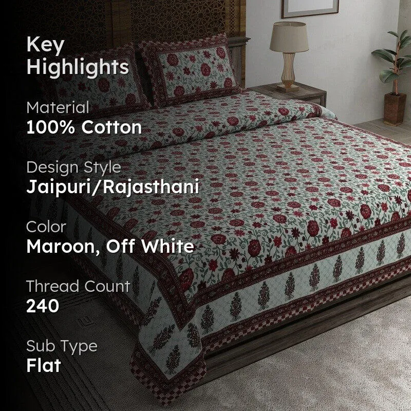 Petalet Cotton Bedsheet (Maroon,Off White) - 240 TC media 2