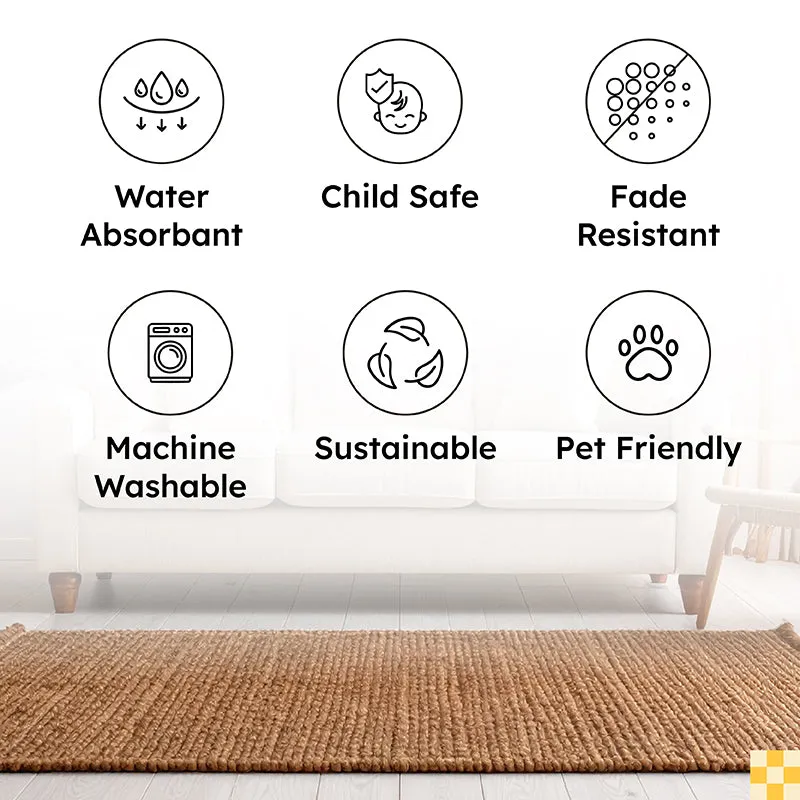 Graphic showing water-absorbent, child-safe, fade-resistant and machine-washable icons
