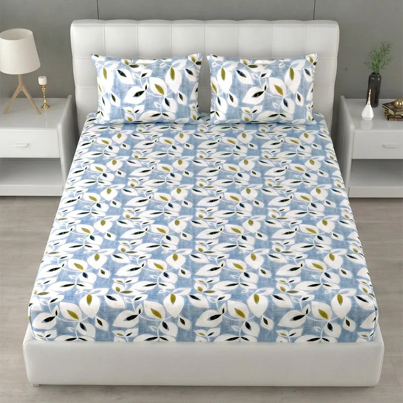 Front view of blue floral printed bedsheet with two matching pillow covers