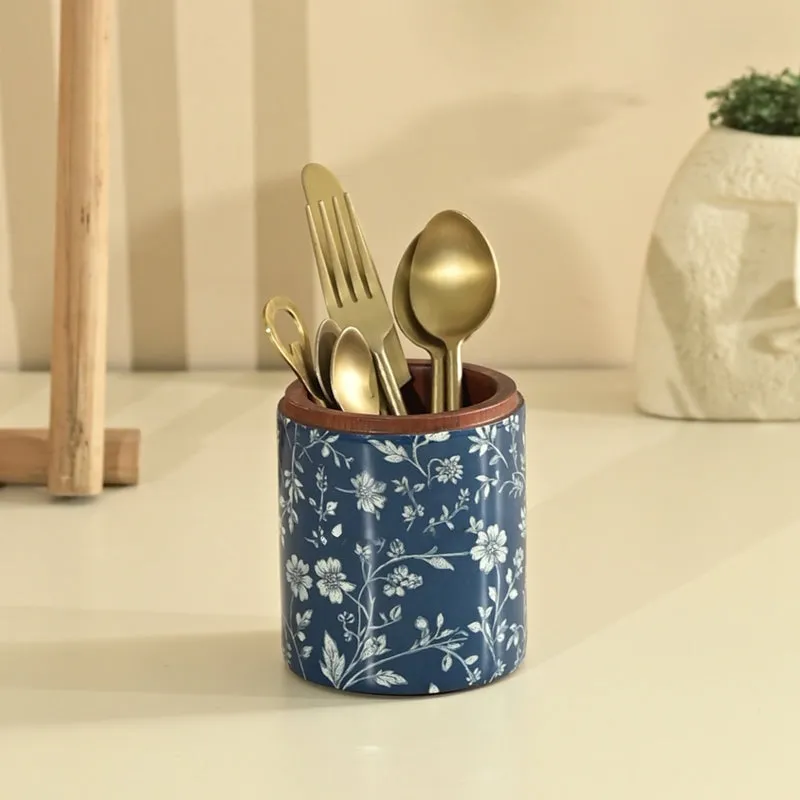 Indigo Vines Wood Cutlery Stand media 1