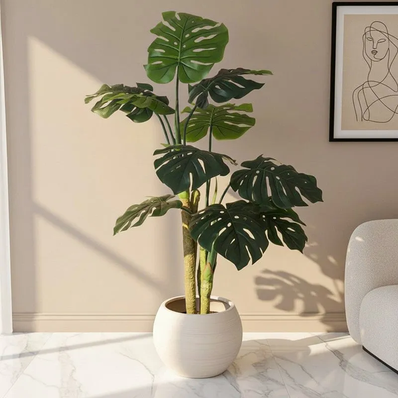 Faux Realtouch Green Monstera Tree With Black Plastic Pot - 3.9 Feet media 1