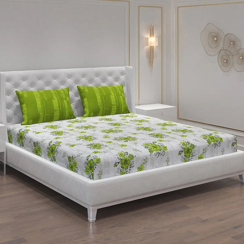 Monte Carlo Bloom Bliss I Cotton Bedsheet (Green,White) - 104 TC media 1