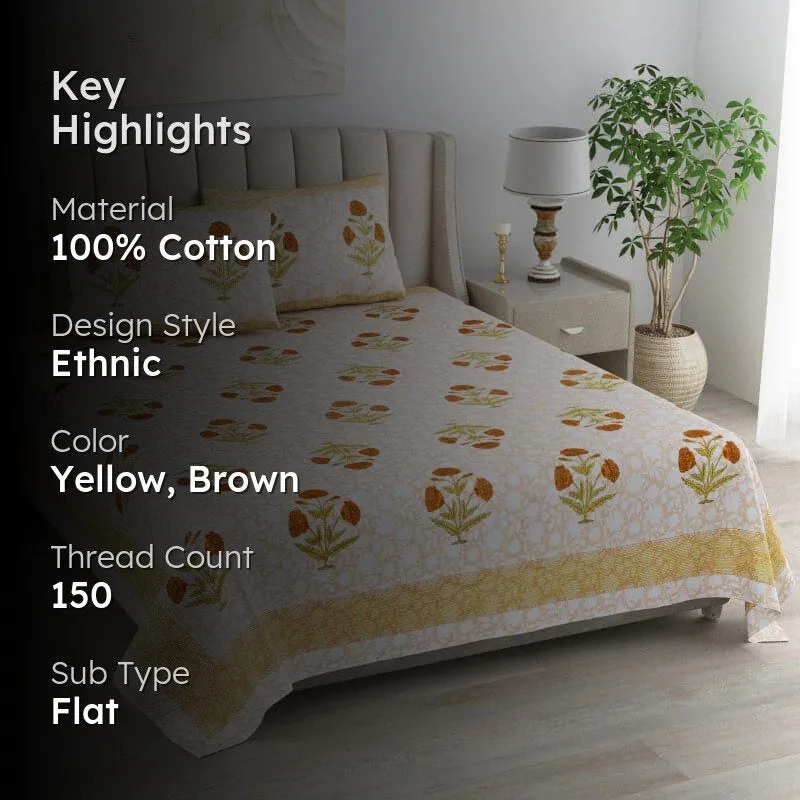Barkha Ethic Floral Cotton Bedsheet (Yellow,Brown) - 150 TC media 2