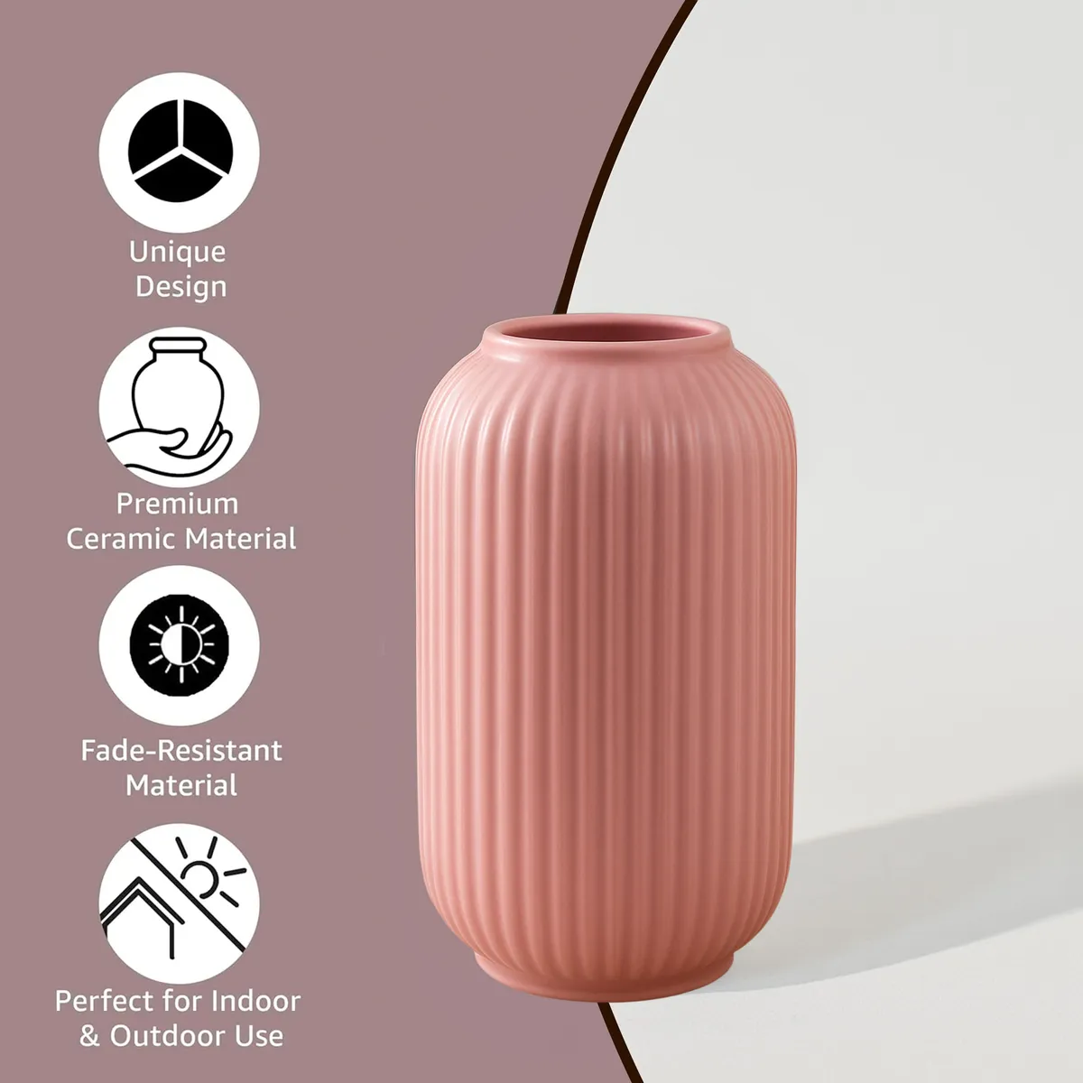 Opulent Ribbed Ceramic Vase - Pink media 5