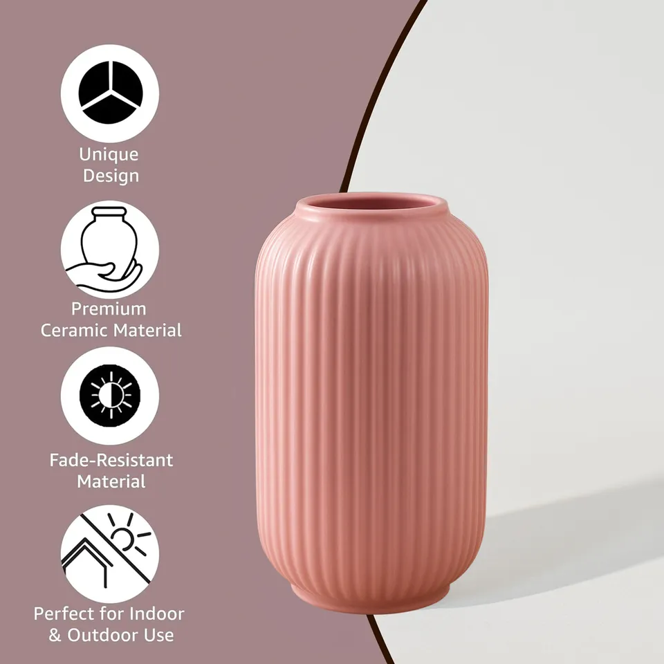 Opulent Ribbed Ceramic Vase - Pink media 5