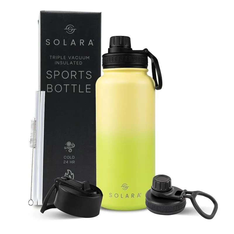 Yellow bottle with black box, two lids, straws and cleaning brush