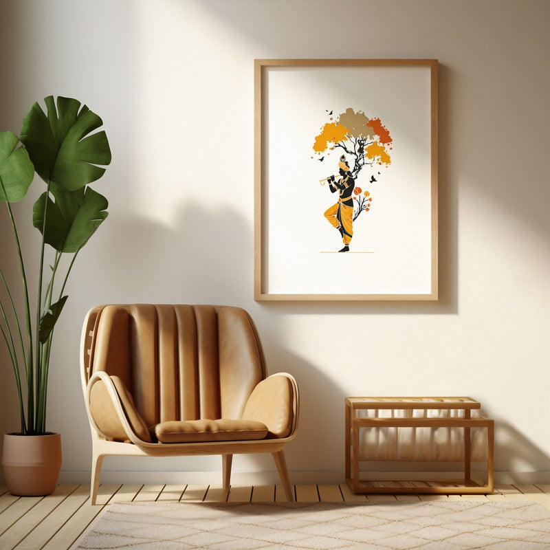 Murli Murari Lord Krihsna Archival Paper Wall Art - Natural Brown Frame