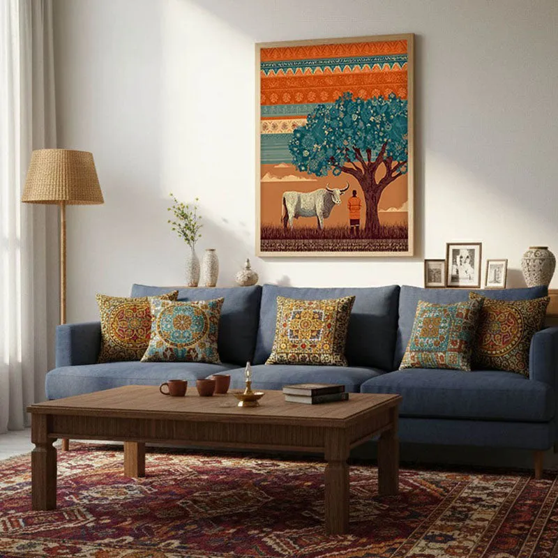 Kamadhenu Canvas Wall Painting With Brown Frame media 7