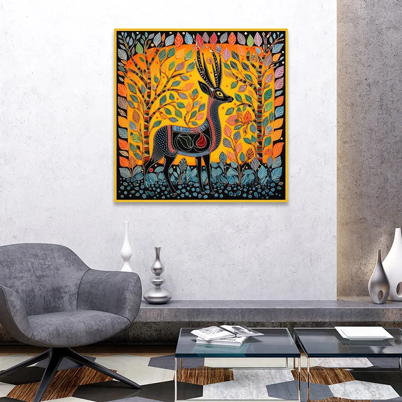 Deer In Trance Canvas Wall Painting With Frame - Gold media 4