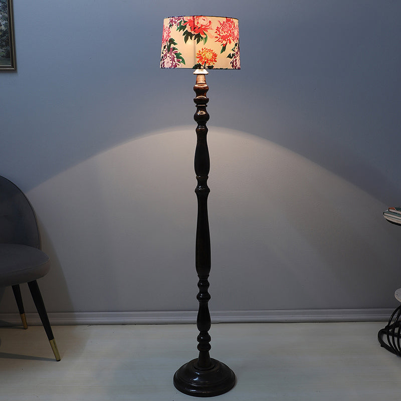 Miyabi Totem Printed Mango Wood Floor Lamp - Black
