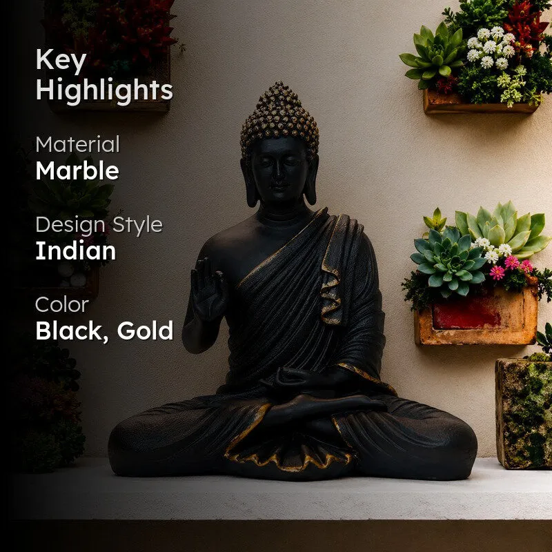 Black and gold Buddha idol with highlighted material and style graphic