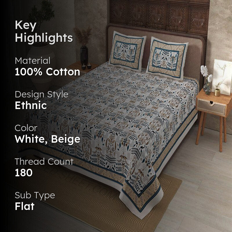 Hara Ethnic Cotton Bedsheet (White,Beige) - 180 TC media 2