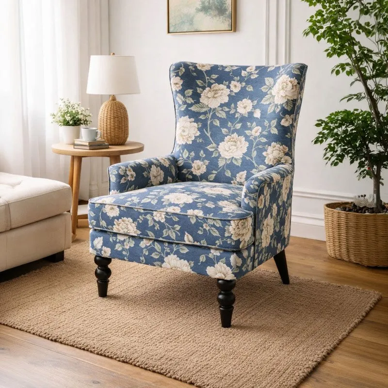 Vintage Blue Blossom Teak Wood & Velvet Printed Lounge Chair media 1