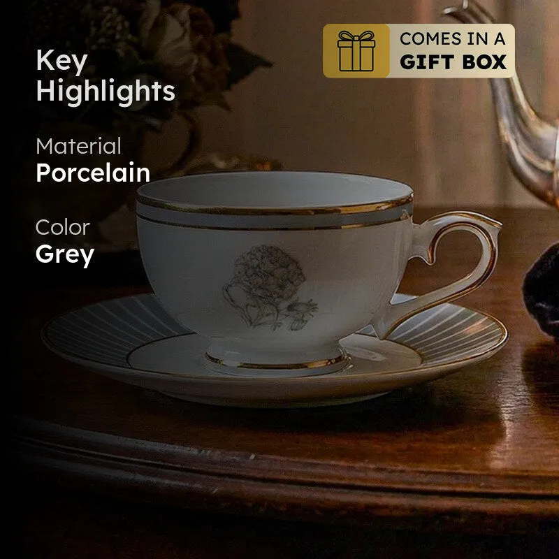 Gilded Iris 24k Gold Brushed Porcelain Tea Cup & Saucer (Grey/ 280 mL) - Set of Six media 2