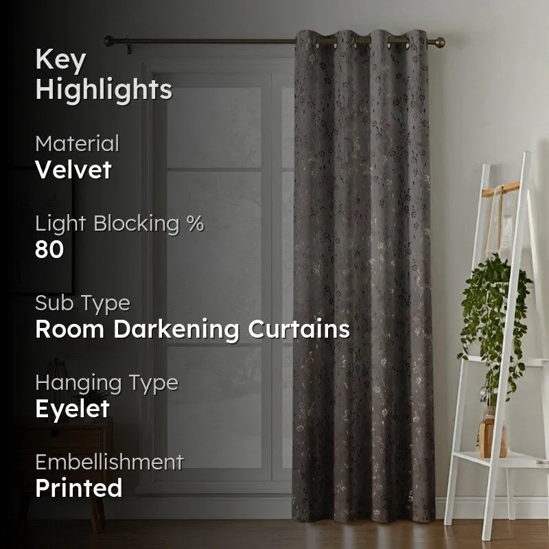 Glow Touch Printed Velvet Curtain - Grey,Gold media 2