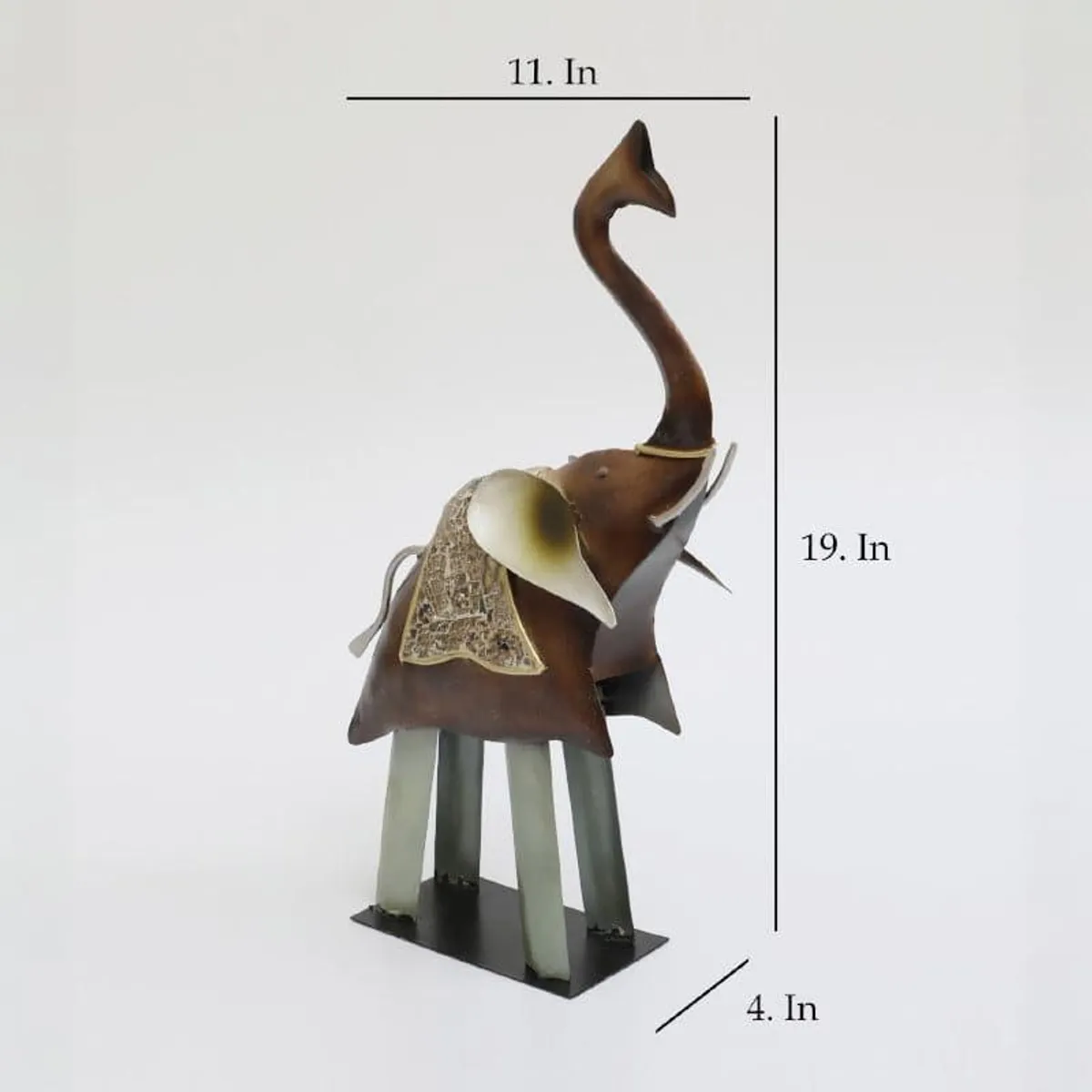 Brown metal elephant showpiece with long legs on a white background