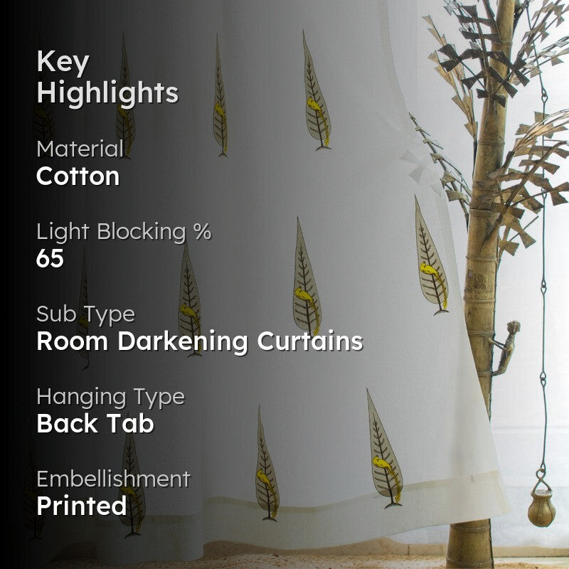 Tranquebar Home Leafy Escape Cotton Curtains(Yellow) - Set Of Two media 2