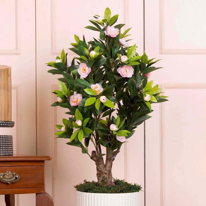 Artificial Pink Camelia Rose Plant With Black Fiber Pot - 2.6 Feet media 3