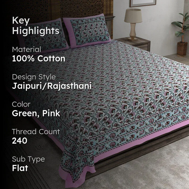 Lineet Cotton Bedsheet (Green,Pink) - 240 TC media 2