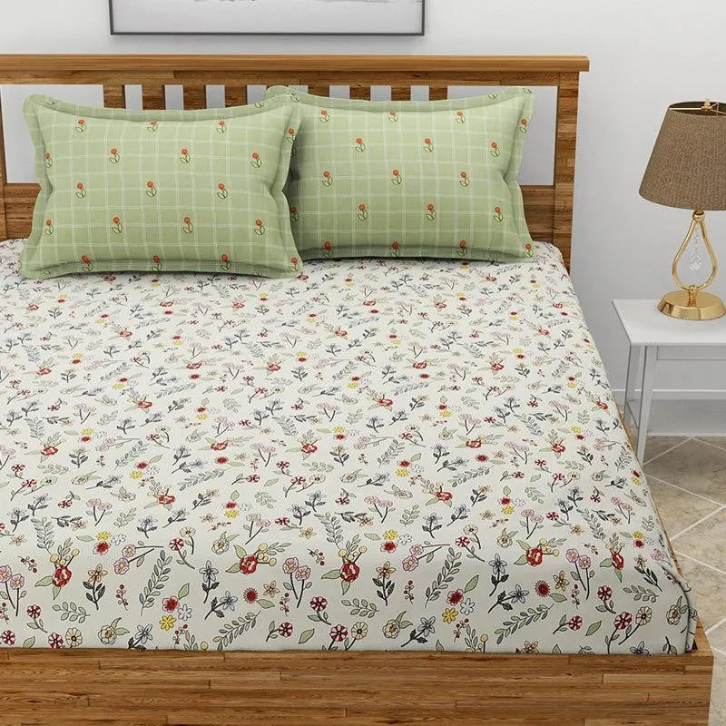 Fleur Floral Microfiber Bedsheet (White & Green) - 130 GSM media 1