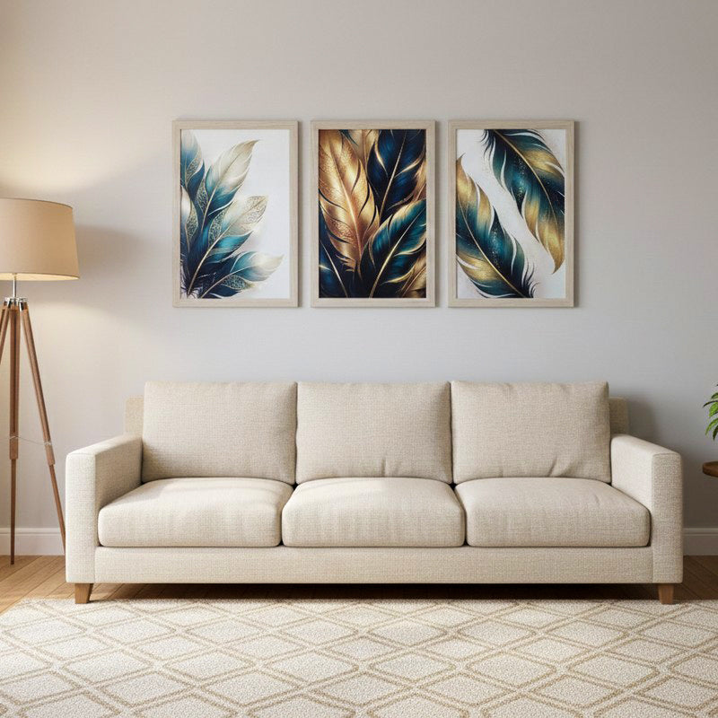Chic Neutral Feather Wall Painting With Frame - Set Of Three