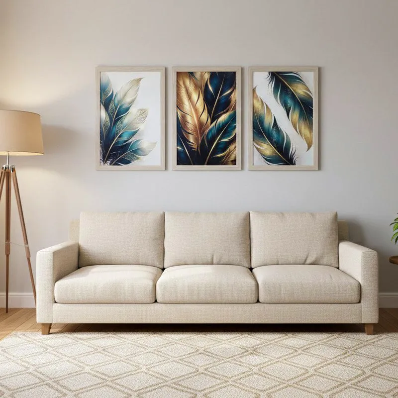 Chic Neutral Feather Wall Painting With Frame - Set Of Three media 1