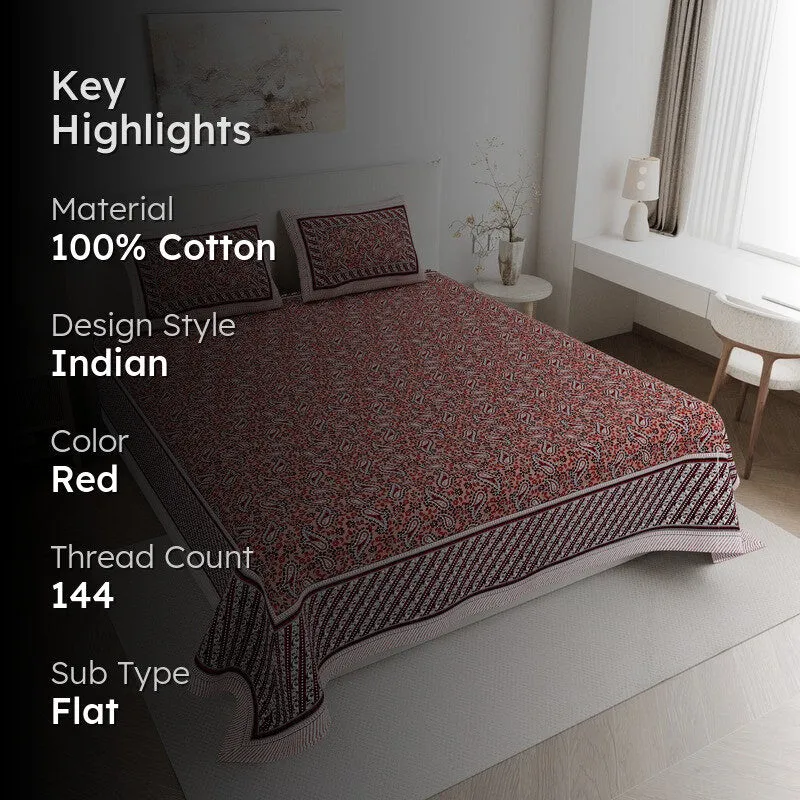 FloralNest Cotton Bedsheet (Red) - 144 TC media 2