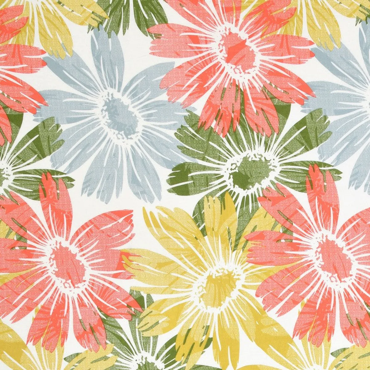 Detailed view of coral, yellow, blue and green floral print