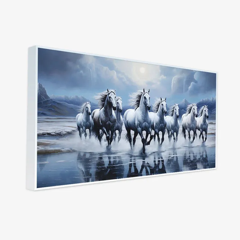 Stallions Under Blue Moon Canvas Wall Painting With Frame - White media 5