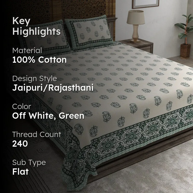 Bloomly Cotton Bedsheet (Off White,Green) - 240 TC media 2