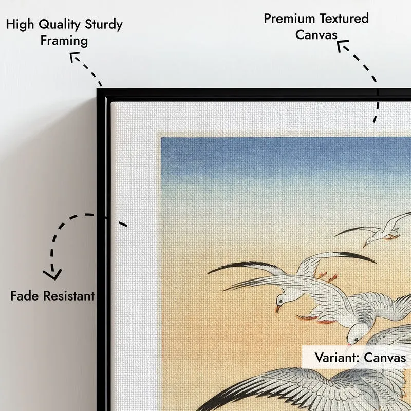 Five Seagulls above Turbulent Sea Ohara Koson Archival Canvas Wall Painting - Black Frame media 7