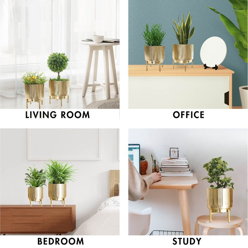 Royale Golden Metal Fluted Planter - Set Of Two media 4
