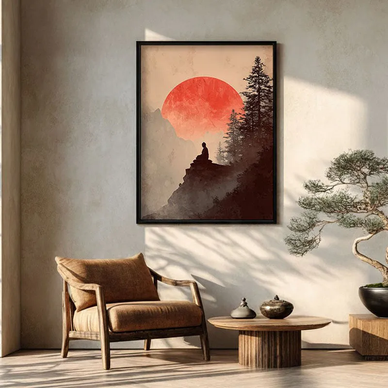 Crimson Sun II Over Silent Peaks Archival Paper Wall Painting With Black Frame media 1