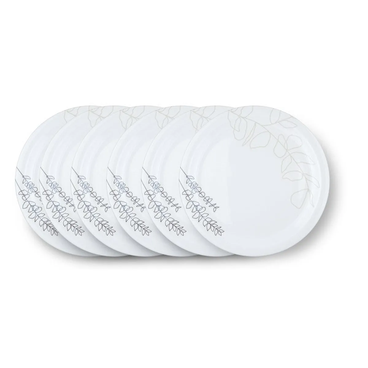 Six matching white dinner plates arranged in an overlapping row