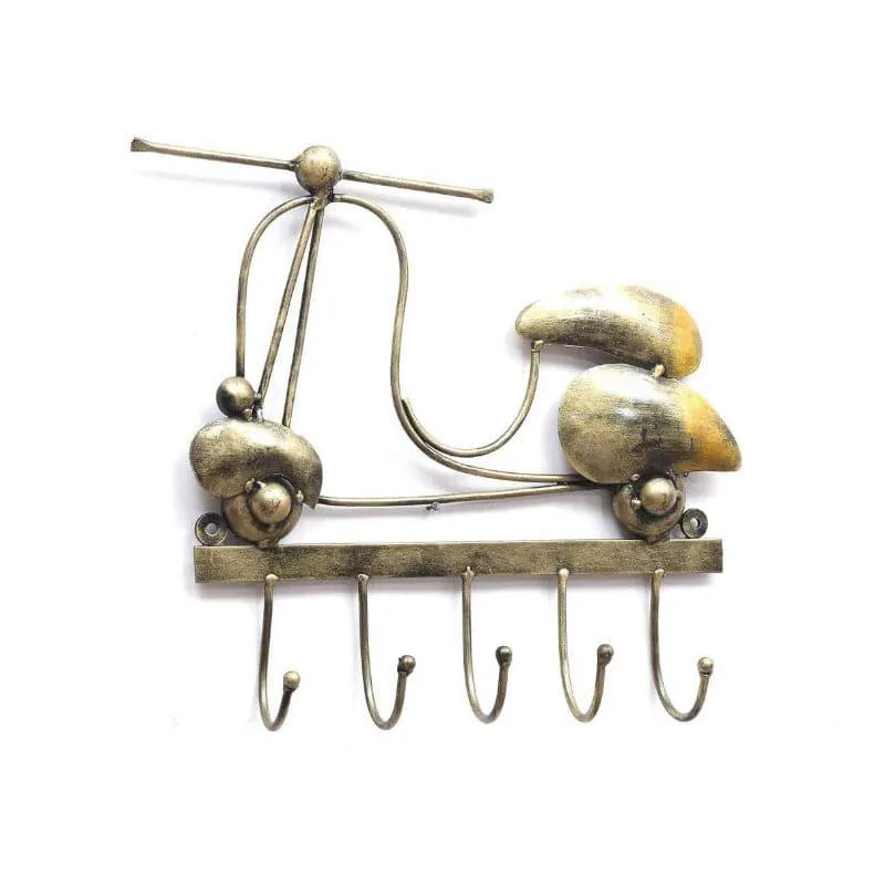 Scooter-shaped iron key holder with five hooks and a brass-gold finish