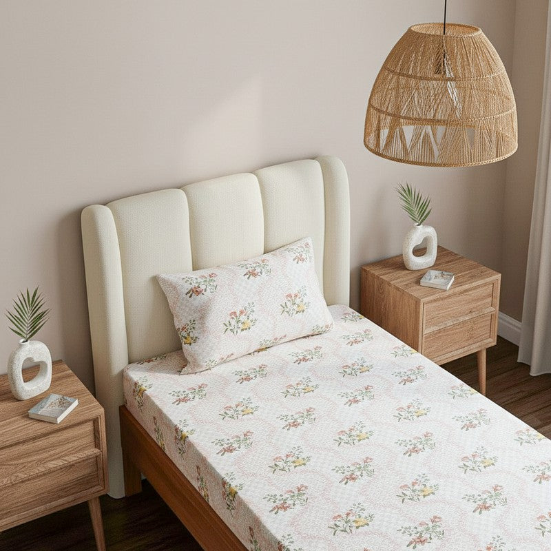Floral Rush Printed Cotton Bedsheet (Peach) - 200 TC media 3