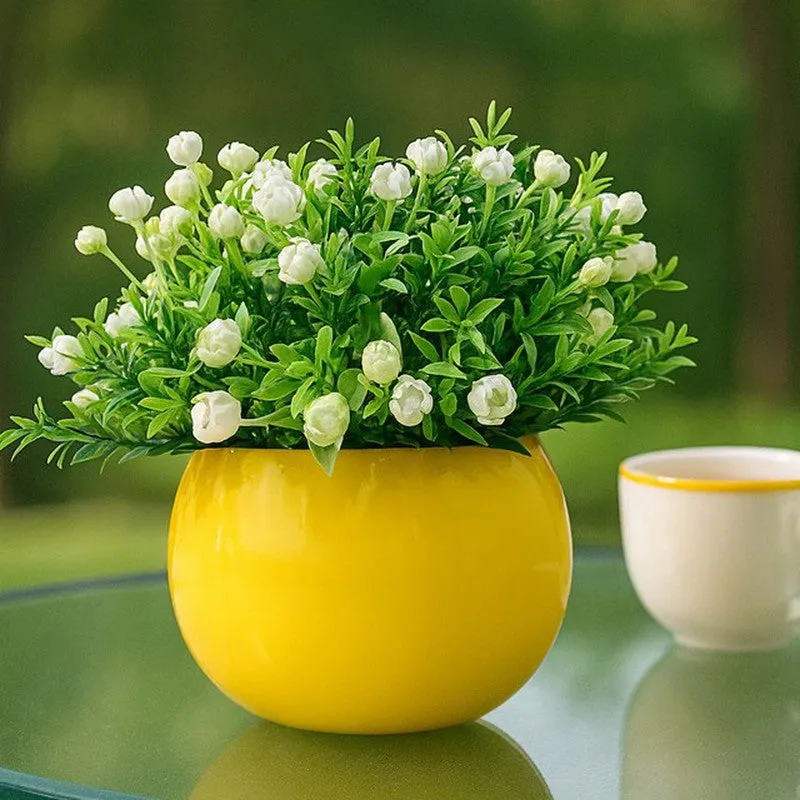 White Faux Ice Rose Artificial Plant In Yellow Pot - 15 cms media 1