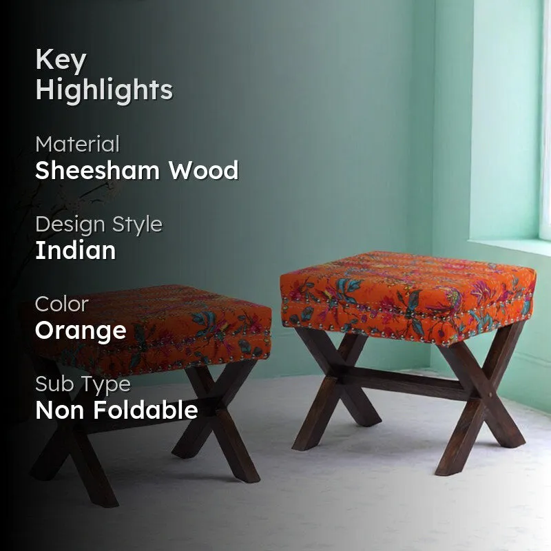 Jirox Sheesham Wooden Stools (Orange) - Set Of Two media 2