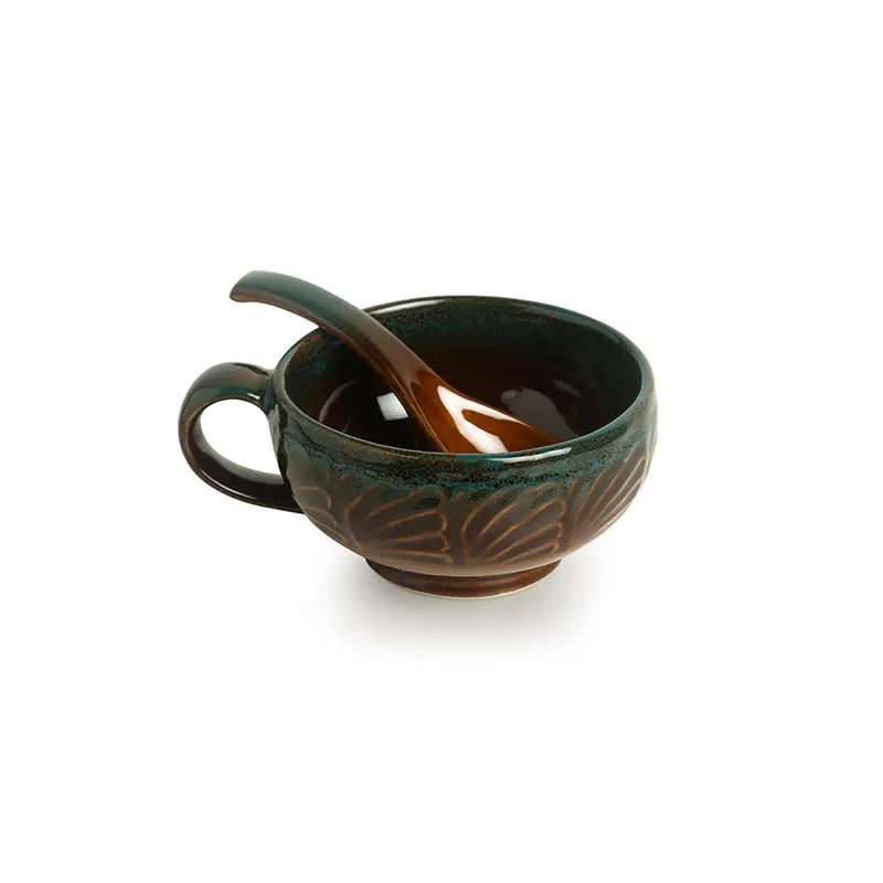 Kalika Handglazed Ceramic Soup Bowl With Spoon (Dark Green/300 mL) - Four Piece Set media 4