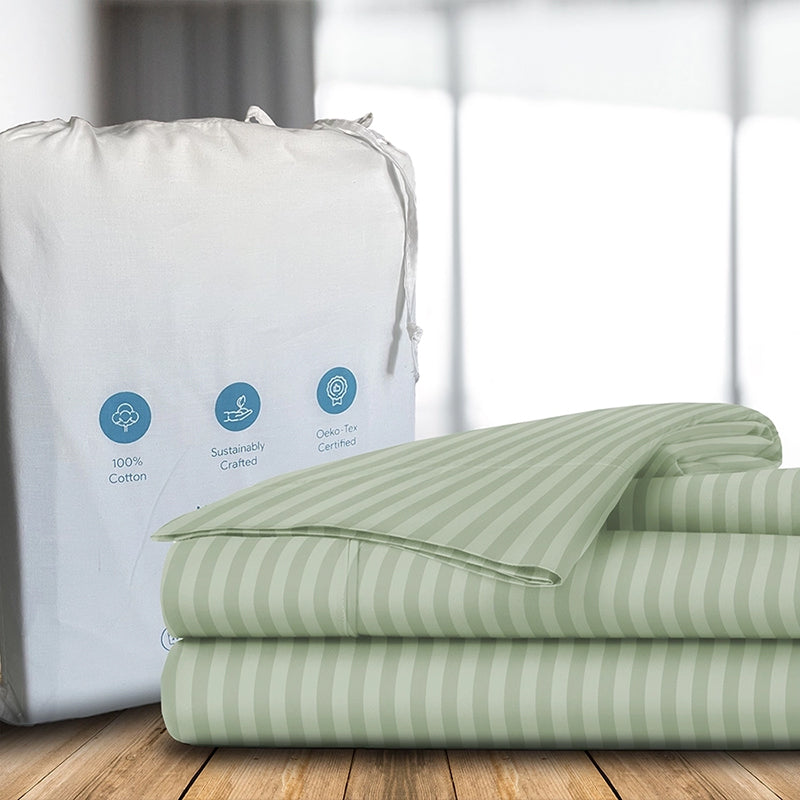 Sleek Loom Striped Cotton Bedsheet (Sage Green) - 300 TC media 7