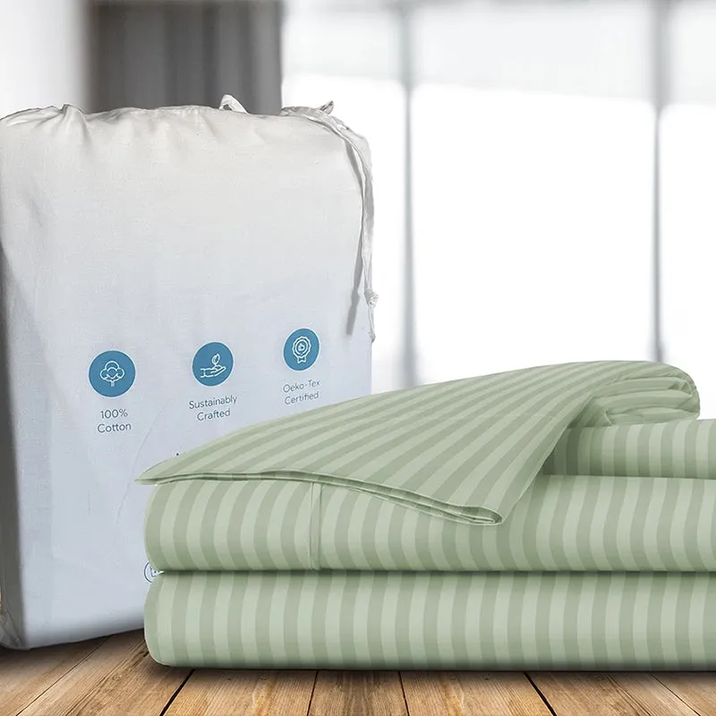 Sleek Loom Striped Cotton Bedsheet (Sage Green) - 300 TC media 7