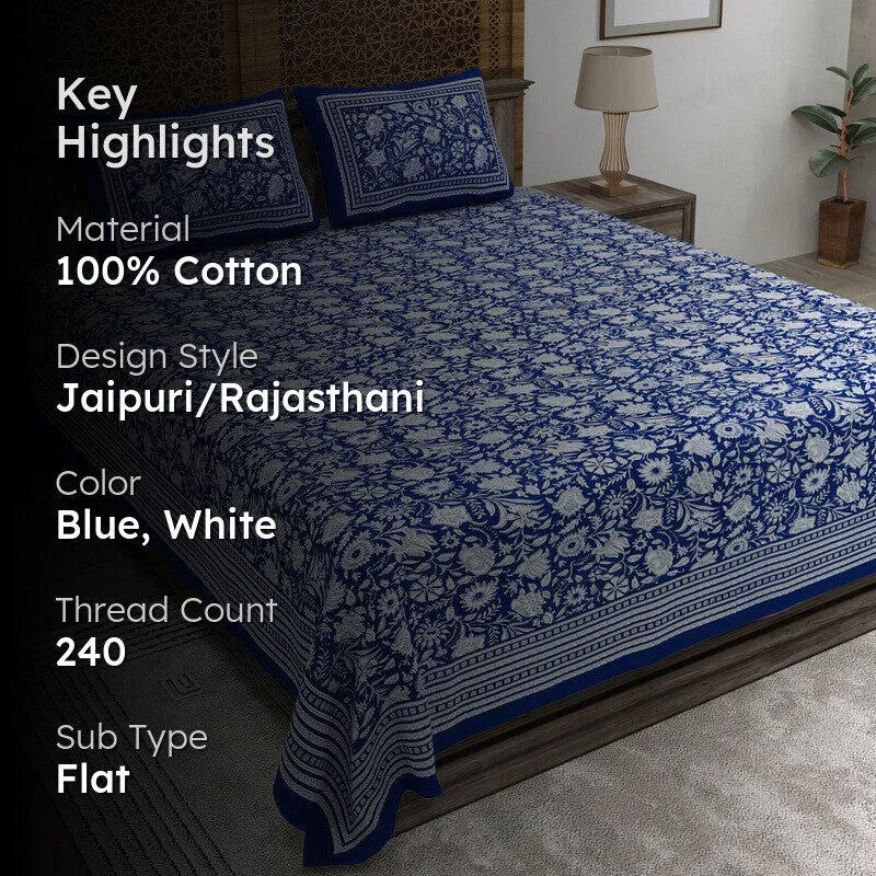 Blossomar Cotton Bedsheet (Blue,White) - 240 TC media 2